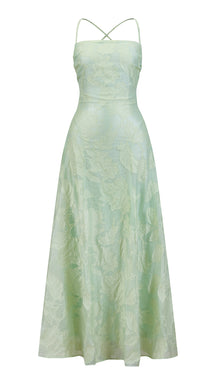 Abito midi elegante a spalline sottili con scollo a fascia, tessuto jacquard floreale e dettaglio a croce sul retro