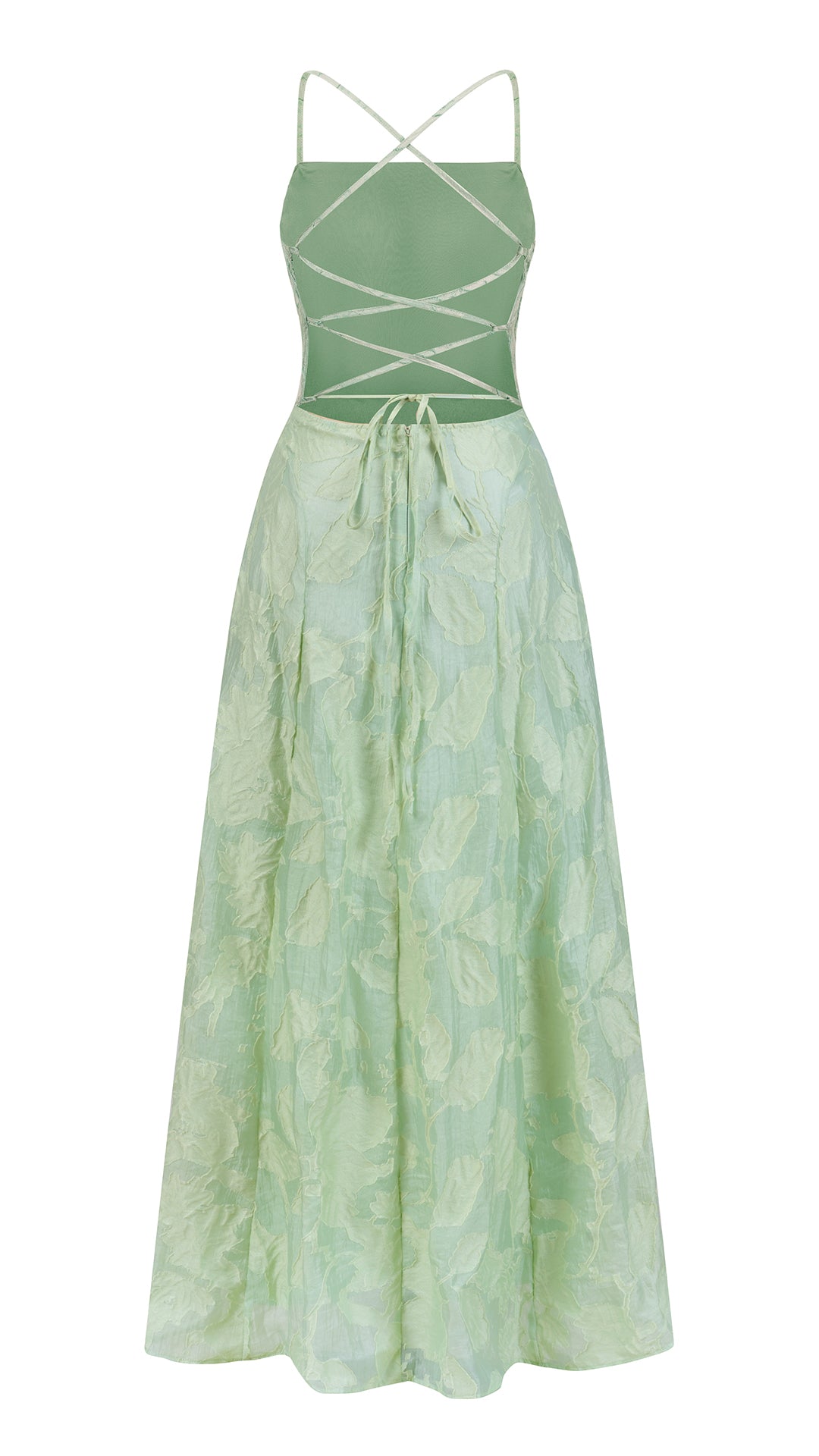 Abito midi elegante a spalline sottili con scollo a fascia, tessuto jacquard floreale e dettaglio a croce sul retro（副本）