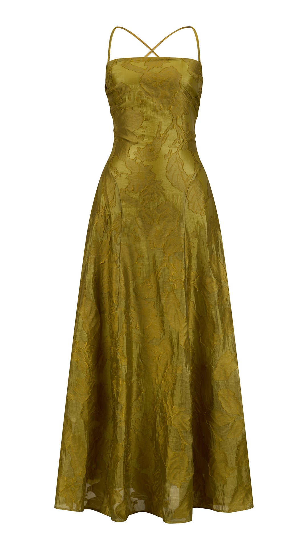 Abito midi elegante a spalline sottili con scollo a fascia, tessuto jacquard floreale e dettaglio a croce sul retro