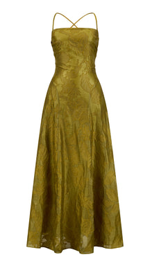 Abito midi elegante a spalline sottili con scollo a fascia, tessuto jacquard floreale e dettaglio a croce sul retro
