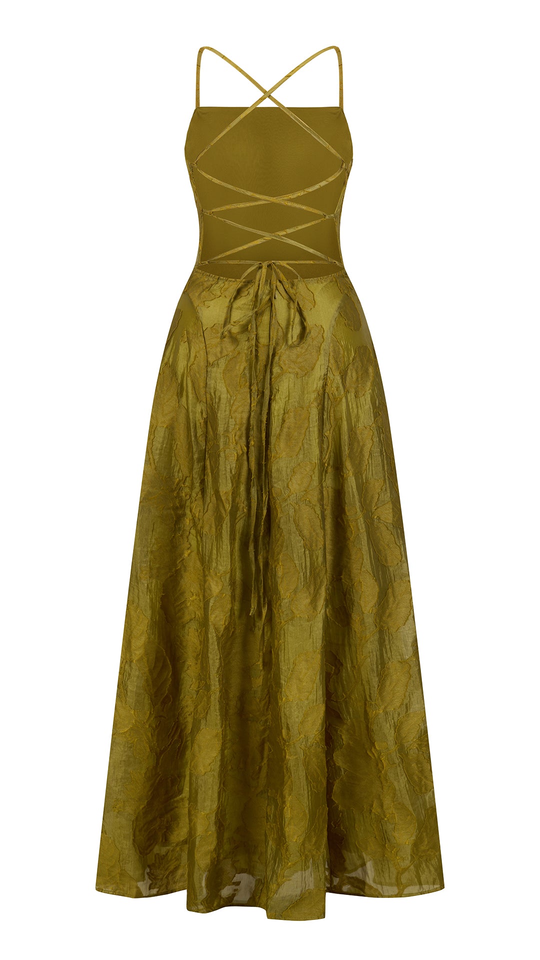 Abito midi elegante a spalline sottili con scollo a fascia, tessuto jacquard floreale e dettaglio a croce sul retro