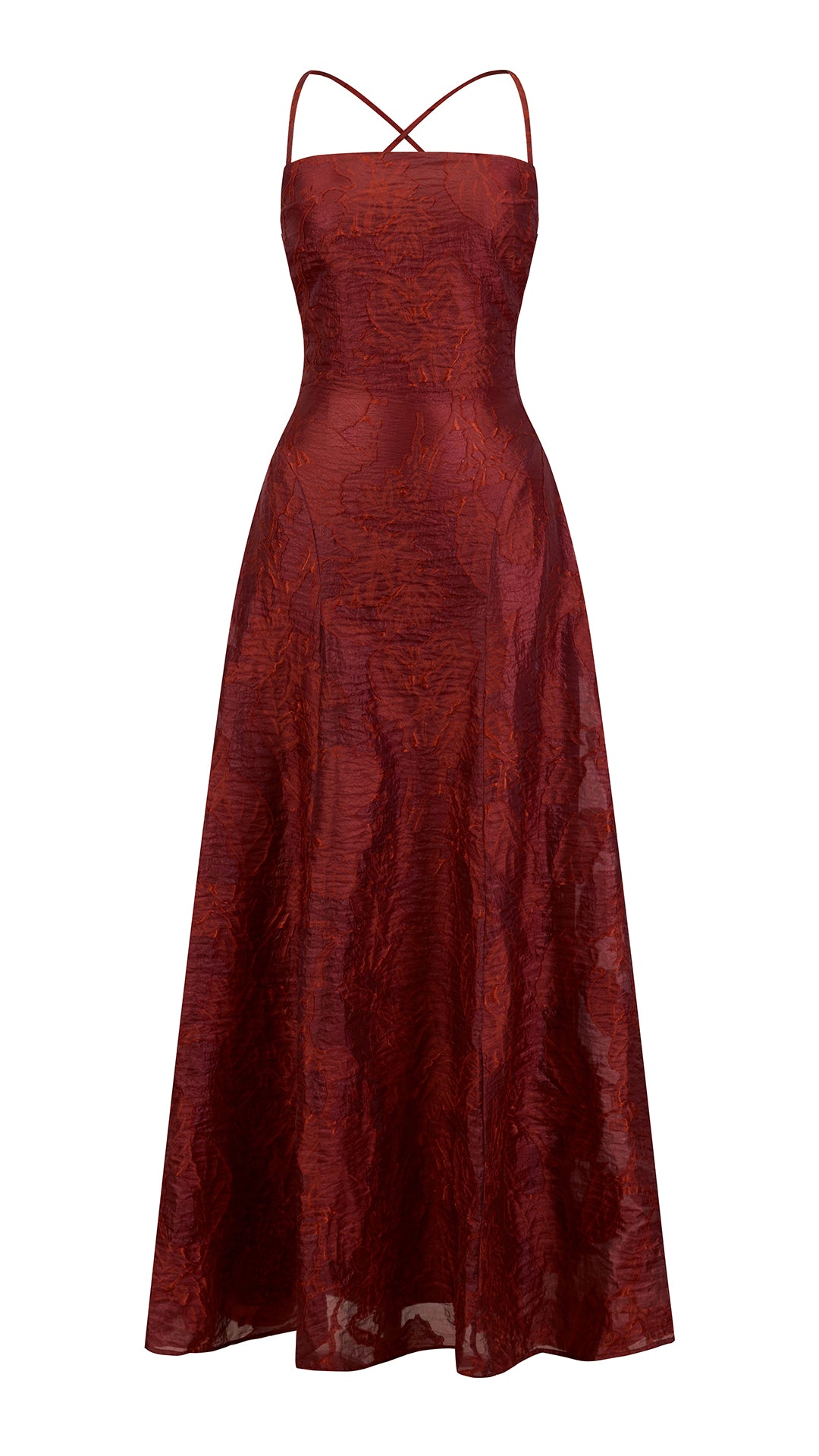 Abito midi elegante a spalline sottili con scollo a fascia, tessuto jacquard floreale e dettaglio a croce sul retro