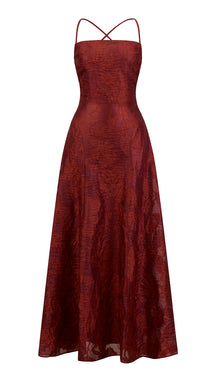 Abito midi elegante a spalline sottili con scollo a fascia, tessuto jacquard floreale e dettaglio a croce sul retro