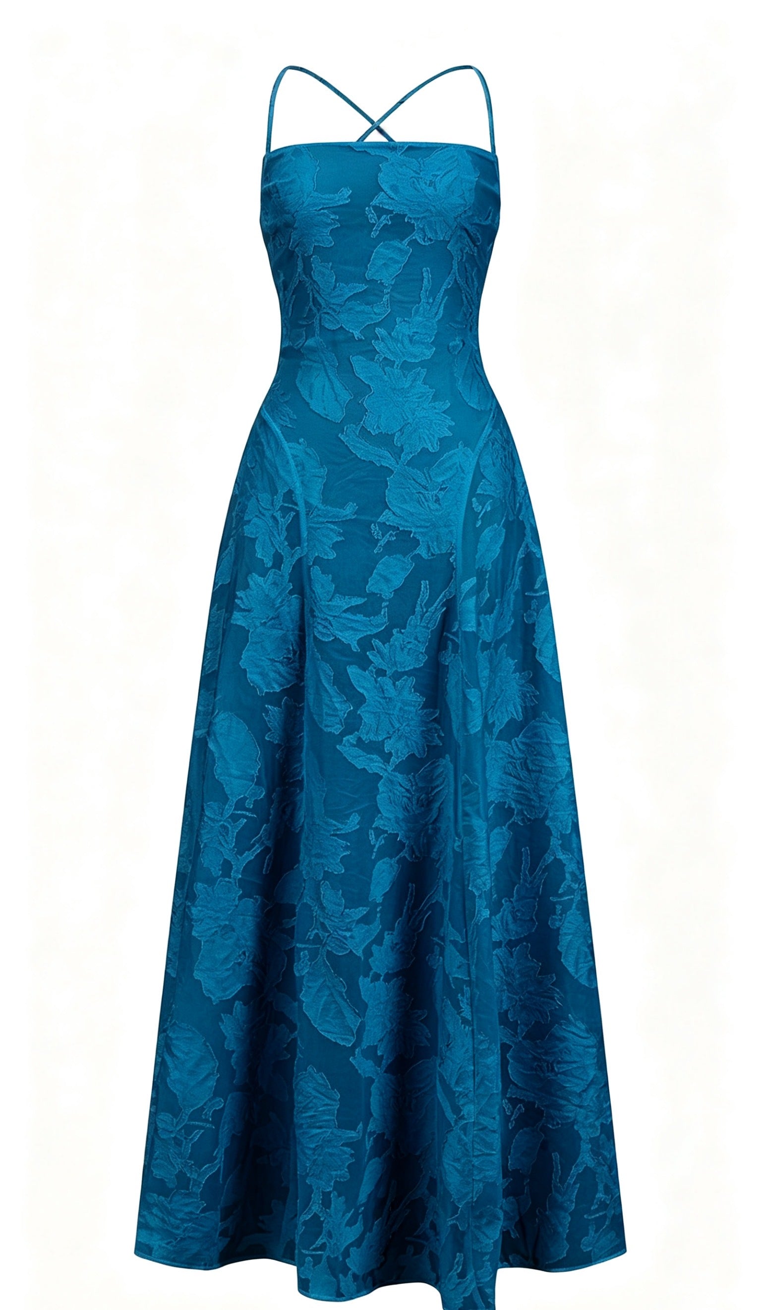 Abito midi elegante a spalline sottili con scollo a fascia, tessuto jacquard floreale e dettaglio a croce sul retro