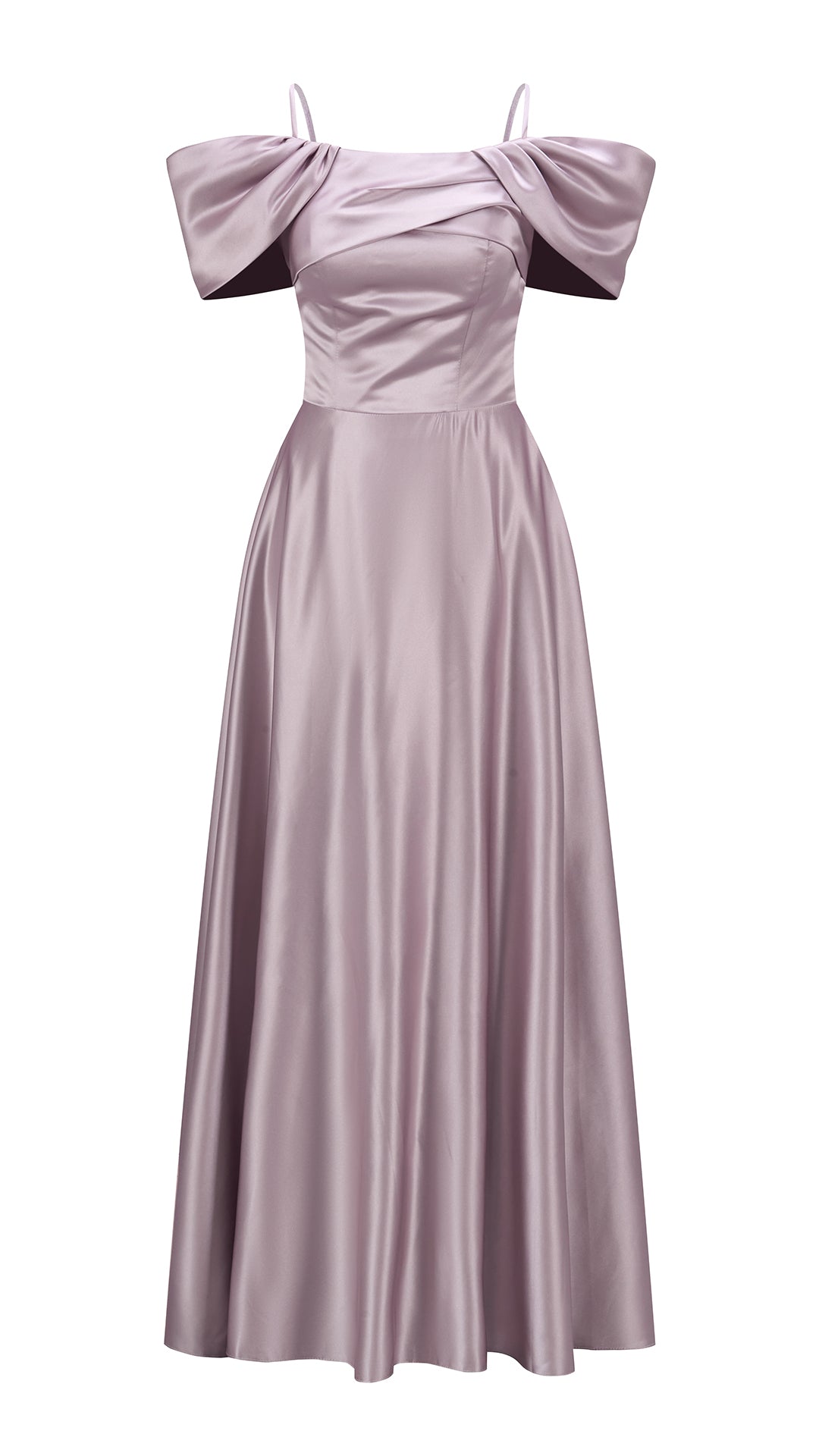 Vestito Lungo Satin Spalline Sottili a Spalla Scoperta, Abito Elegante Donna da Cerimonia con Busto Arricciato e Gonna Ampia