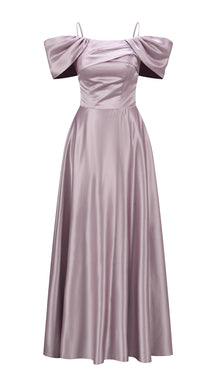 Vestito Lungo Satin Spalline Sottili a Spalla Scoperta, Abito Elegante Donna da Cerimonia con Busto Arricciato e Gonna Ampia