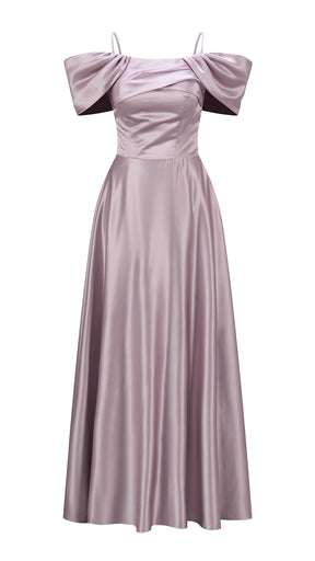 Vestito Lungo Satin Spalline Sottili a Spalla Scoperta, Abito Elegante Donna da Cerimonia con Busto Arricciato e Gonna Ampia