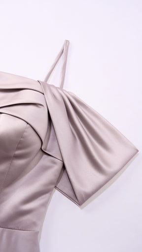 Vestito Lungo Satin Spalline Sottili a Spalla Scoperta, Abito Elegante Donna da Cerimonia con Busto Arricciato e Gonna Ampia