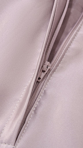 Vestito Lungo Satin Spalline Sottili a Spalla Scoperta, Abito Elegante Donna da Cerimonia con Busto Arricciato e Gonna Ampia