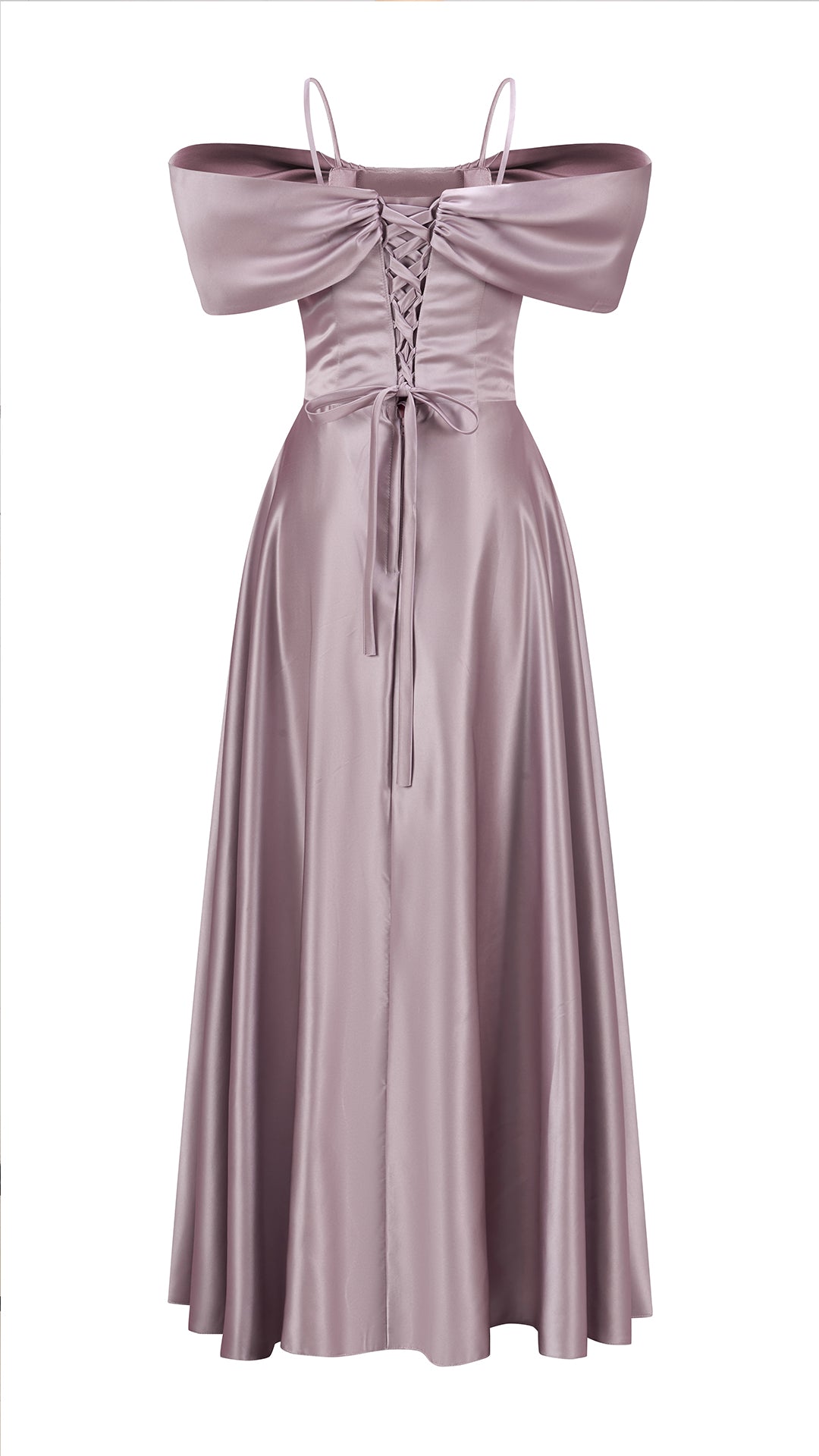 Vestito Lungo Satin Spalline Sottili a Spalla Scoperta, Abito Elegante Donna da Cerimonia con Busto Arricciato e Gonna Ampia（副本）
