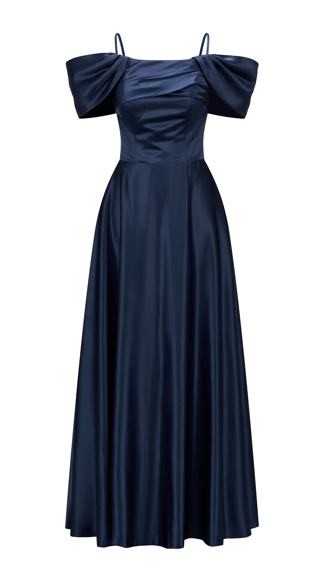 Vestito Lungo Satin Spalline Sottili a Spalla Scoperta, Abito Elegante Donna da Cerimonia con Busto Arricciato e Gonna Ampia