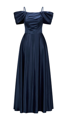 Vestito Lungo Satin Spalline Sottili a Spalla Scoperta, Abito Elegante Donna da Cerimonia con Busto Arricciato e Gonna Ampia