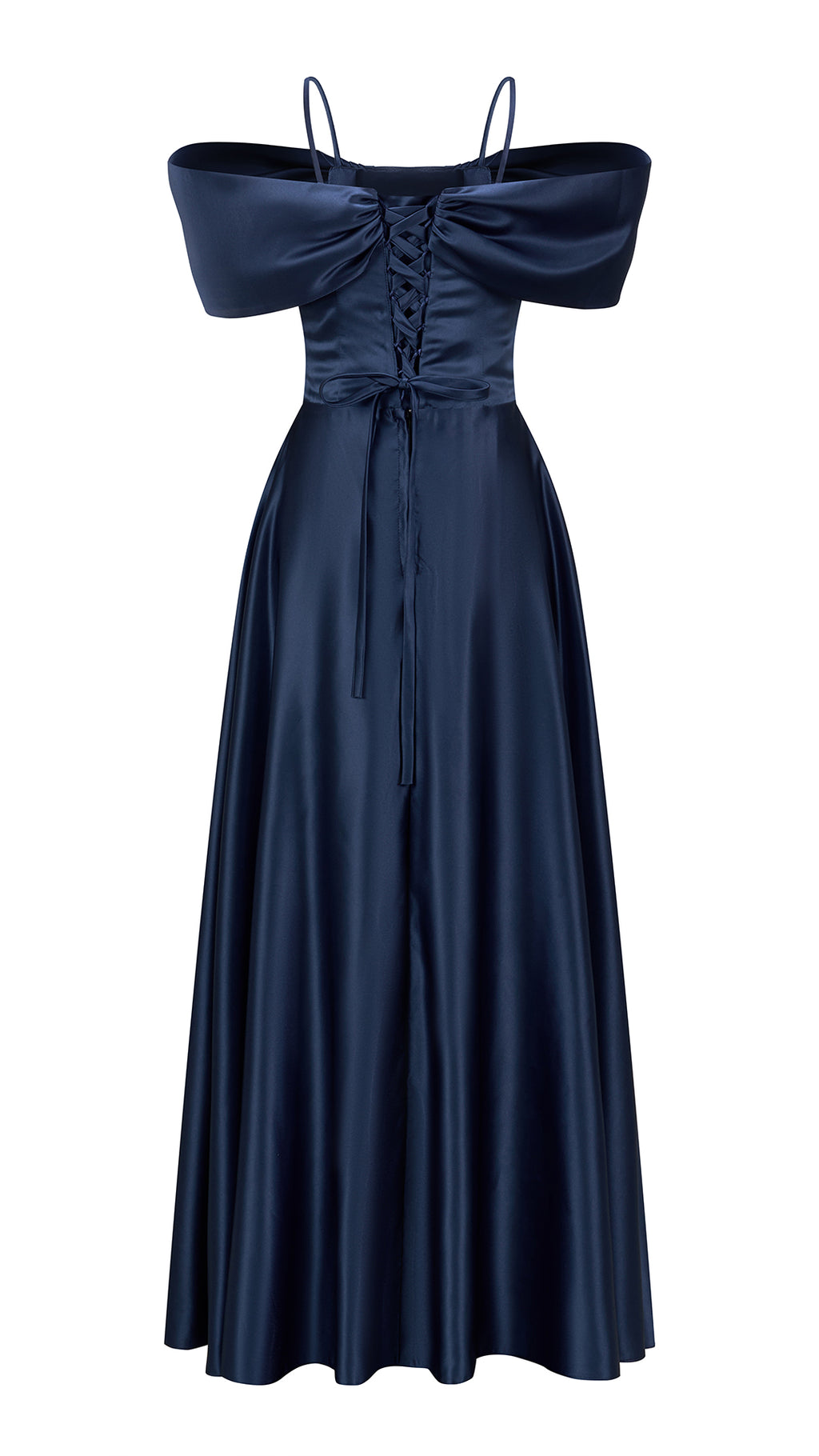 Vestito Lungo Satin Spalline Sottili a Spalla Scoperta, Abito Elegante Donna da Cerimonia con Busto Arricciato e Gonna Ampia（副本）