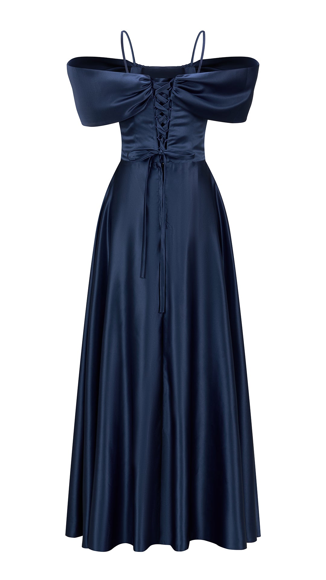 Vestito Lungo Satin Spalline Sottili a Spalla Scoperta, Abito Elegante Donna da Cerimonia con Busto Arricciato e Gonna Ampia（副本）