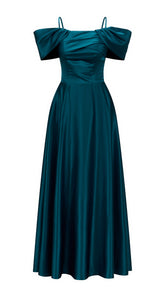 Vestito Lungo Satin Spalline Sottili a Spalla Scoperta, Abito Elegante Donna da Cerimonia con Busto Arricciato e Gonna Ampia