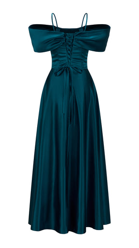 Vestito Lungo Satin Spalline Sottili a Spalla Scoperta, Abito Elegante Donna da Cerimonia con Busto Arricciato e Gonna Ampia