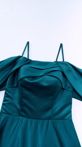 Vestito Lungo Satin Spalline Sottili a Spalla Scoperta, Abito Elegante Donna da Cerimonia con Busto Arricciato e Gonna Ampia