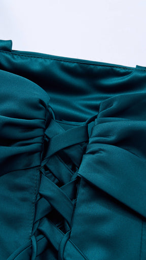 Vestito Lungo Satin Spalline Sottili a Spalla Scoperta, Abito Elegante Donna da Cerimonia con Busto Arricciato e Gonna Ampia