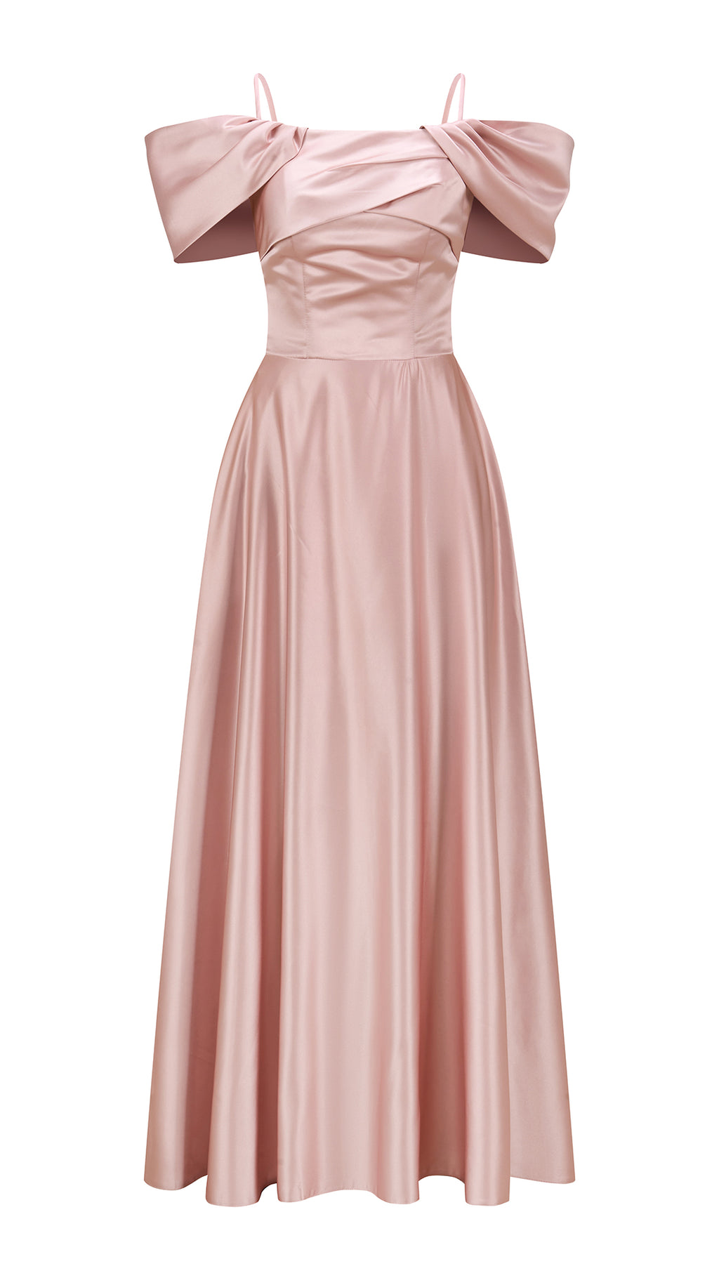 Vestito Lungo Satin Spalline Sottili a Spalla Scoperta, Abito Elegante Donna da Cerimonia con Busto Arricciato e Gonna Ampia（副本）
