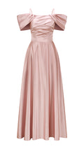 Vestito Lungo Satin Spalline Sottili a Spalla Scoperta, Abito Elegante Donna da Cerimonia con Busto Arricciato e Gonna Ampia（副本）