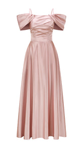Vestito Lungo Satin Spalline Sottili a Spalla Scoperta, Abito Elegante Donna da Cerimonia con Busto Arricciato e Gonna Ampia