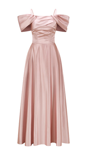 Vestito Lungo Satin Spalline Sottili a Spalla Scoperta, Abito Elegante Donna da Cerimonia con Busto Arricciato e Gonna Ampia