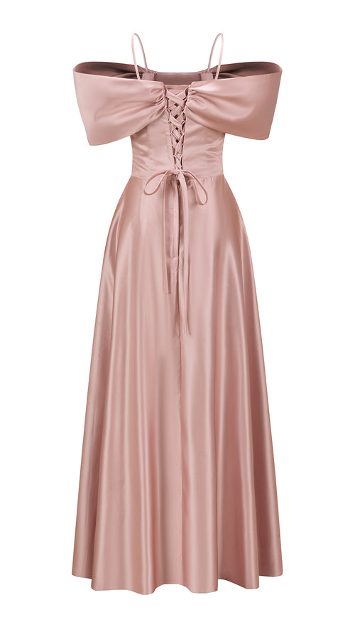 Vestito Lungo Satin Spalline Sottili a Spalla Scoperta, Abito Elegante Donna da Cerimonia con Busto Arricciato e Gonna Ampia