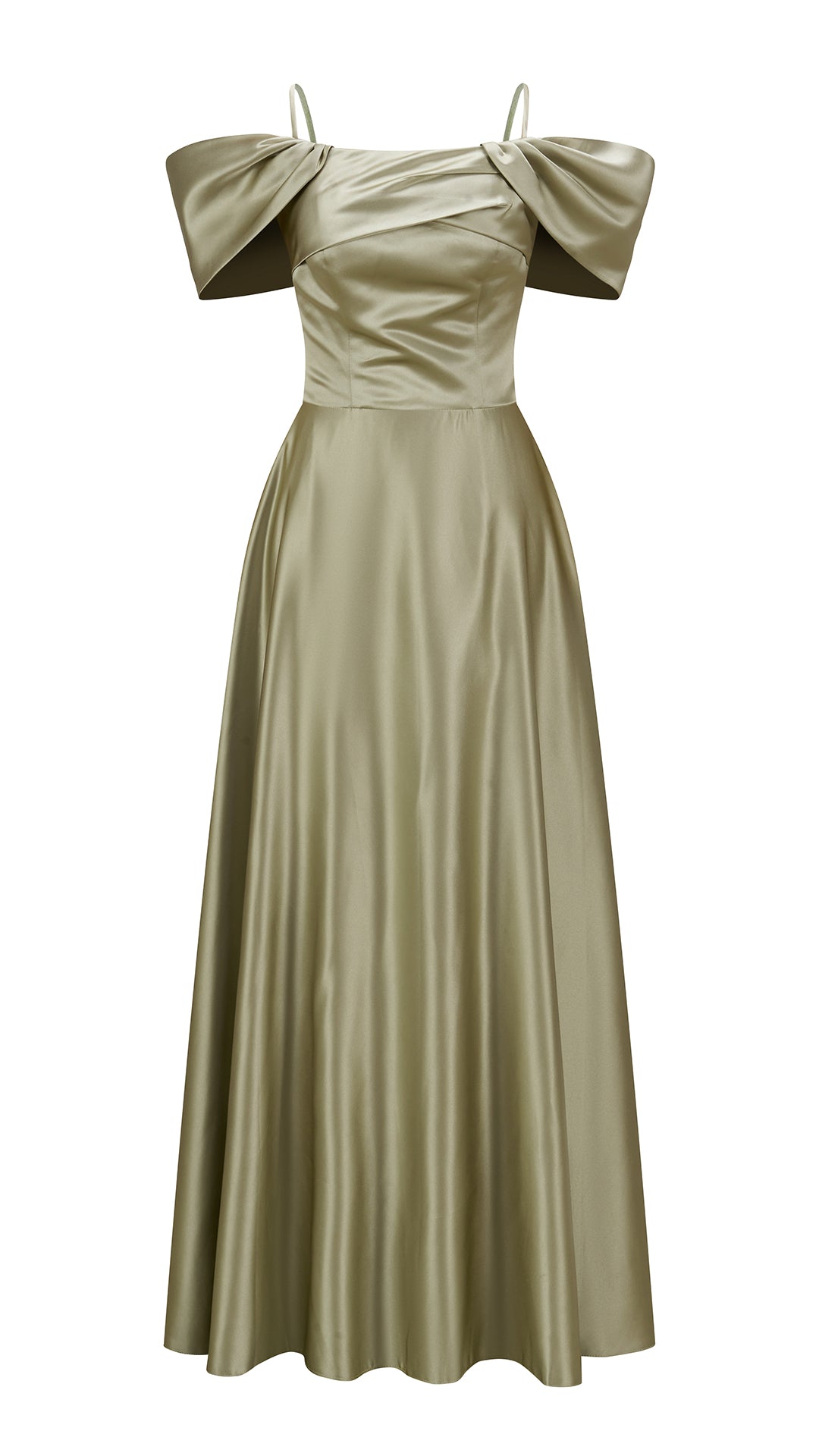 Vestito Lungo Satin Spalline Sottili a Spalla Scoperta, Abito Elegante Donna da Cerimonia con Busto Arricciato e Gonna Ampia