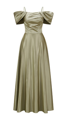 Vestito Lungo Satin Spalline Sottili a Spalla Scoperta, Abito Elegante Donna da Cerimonia con Busto Arricciato e Gonna Ampia