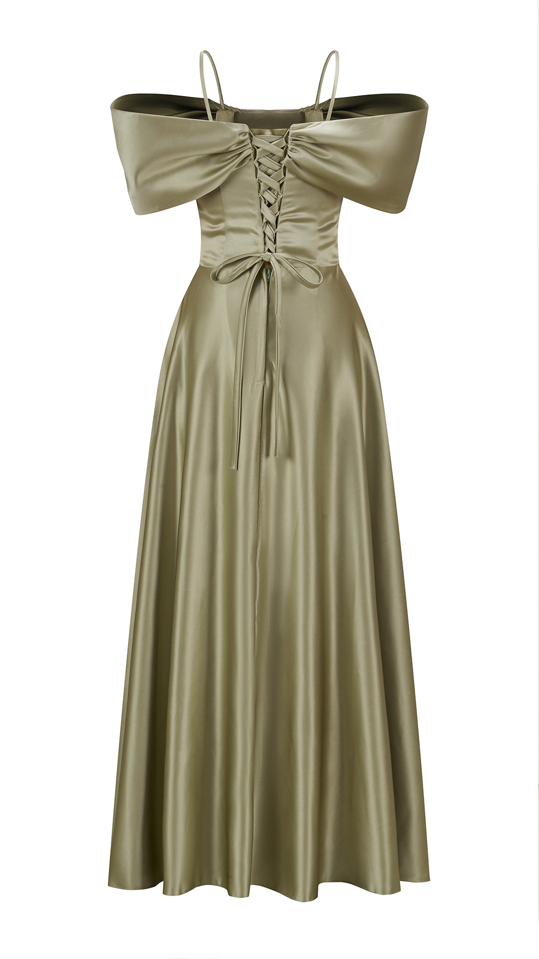 Vestito Lungo Satin Spalline Sottili a Spalla Scoperta, Abito Elegante Donna da Cerimonia con Busto Arricciato e Gonna Ampia