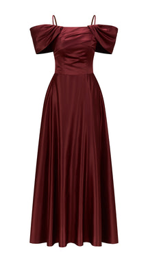 Vestito Lungo Satin Spalline Sottili a Spalla Scoperta, Abito Elegante Donna da Cerimonia con Busto Arricciato e Gonna Ampia