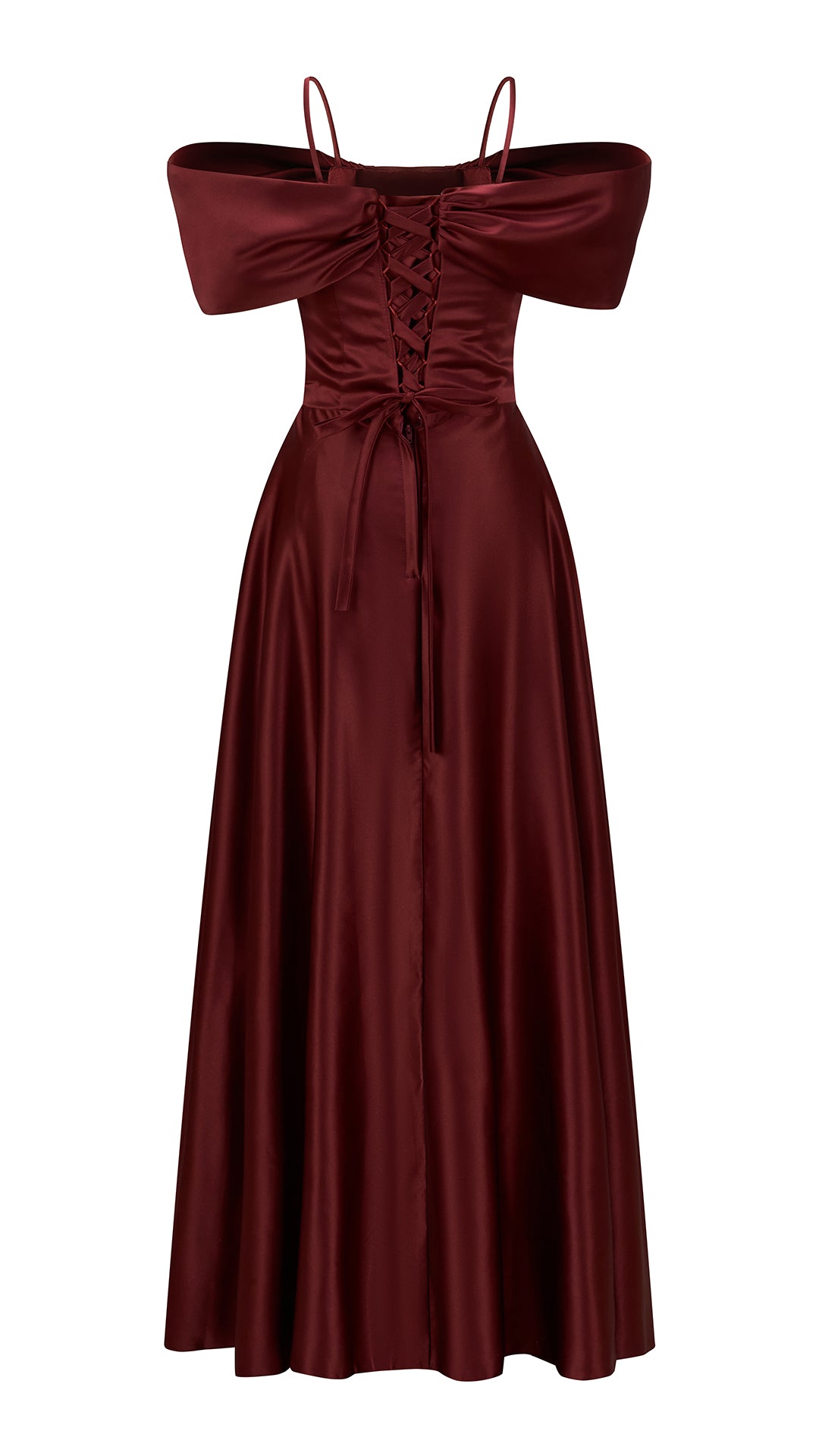Vestito Lungo Satin Spalline Sottili a Spalla Scoperta, Abito Elegante Donna da Cerimonia con Busto Arricciato e Gonna Ampia（副本）