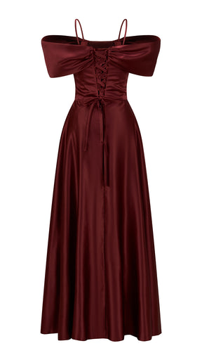 Vestito Lungo Satin Spalline Sottili a Spalla Scoperta, Abito Elegante Donna da Cerimonia con Busto Arricciato e Gonna Ampia