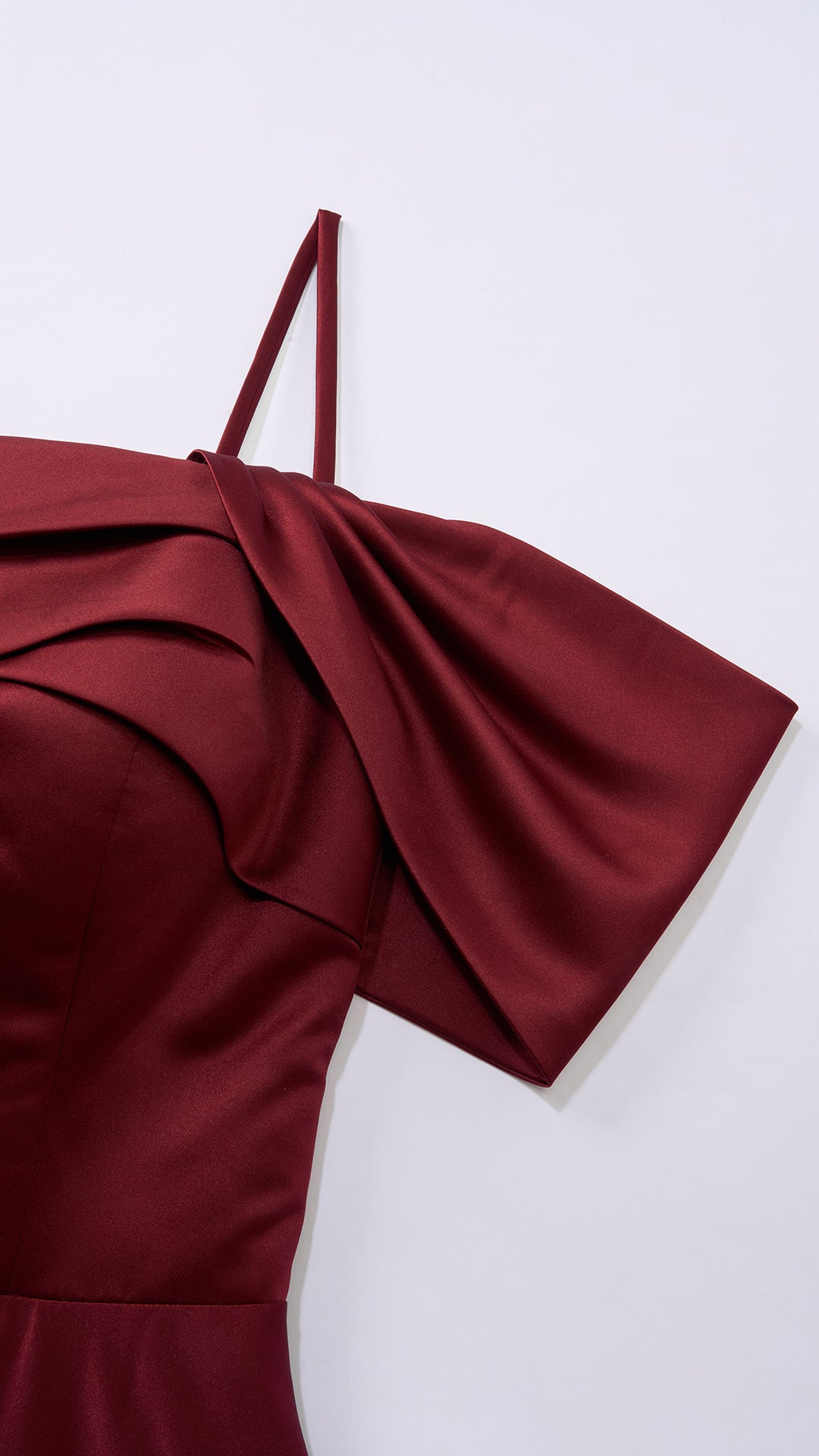 Vestito Lungo Satin Spalline Sottili a Spalla Scoperta, Abito Elegante Donna da Cerimonia con Busto Arricciato e Gonna Ampia