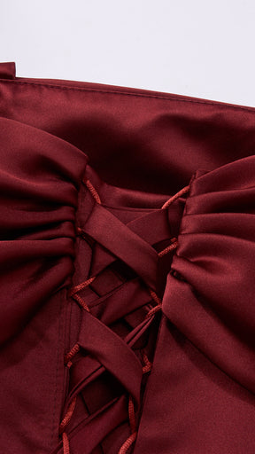 Vestito Lungo Satin Spalline Sottili a Spalla Scoperta, Abito Elegante Donna da Cerimonia con Busto Arricciato e Gonna Ampia