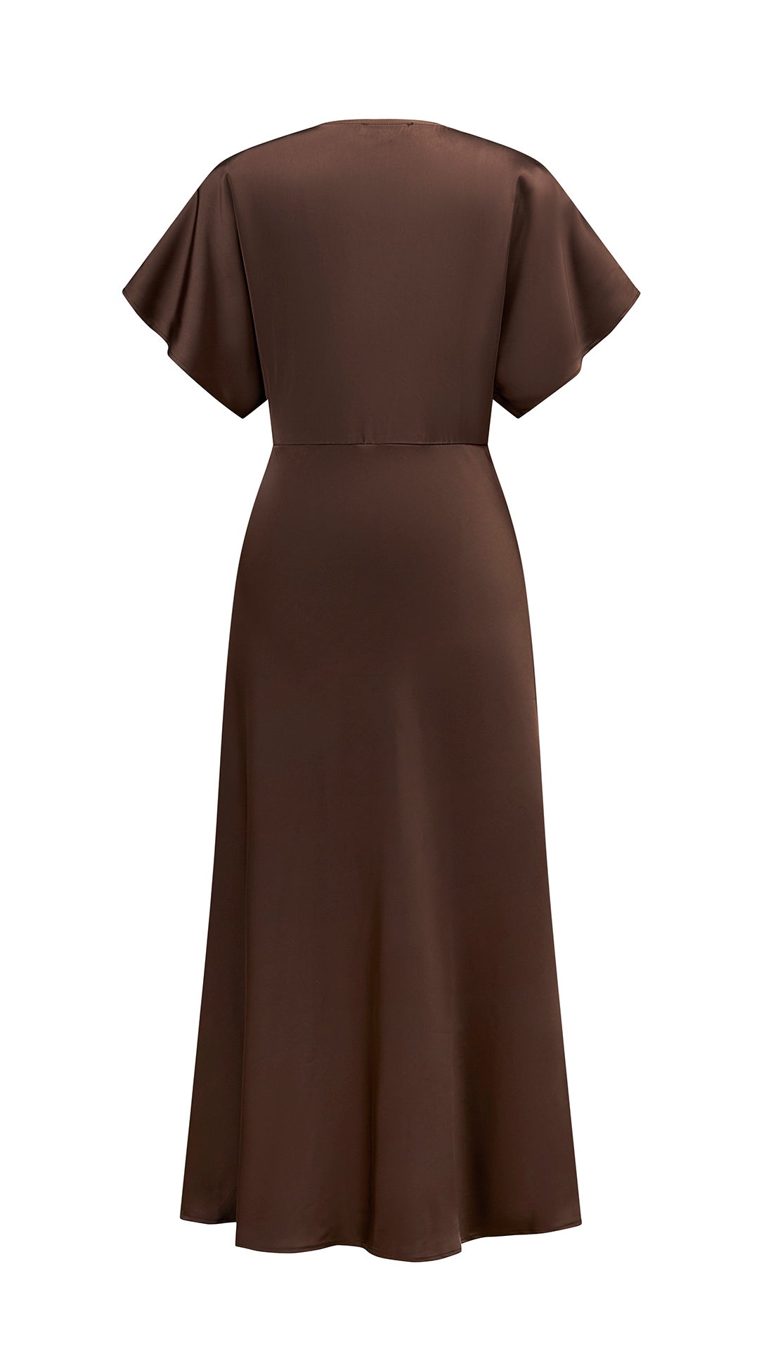 Abito Midi Donna in Raso a Scollo V, Maniche ad Ala, Vita Arricciata, Modello Fluido Elegante per Eventi