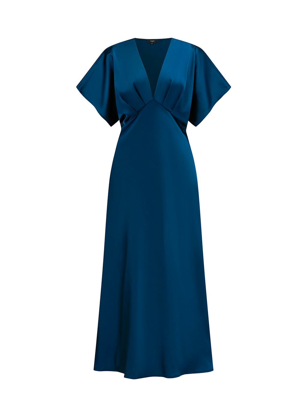 Abito Midi Donna in Raso a Scollo V, Maniche ad Ala, Vita Arricciata, Modello Fluido Elegante per Eventi