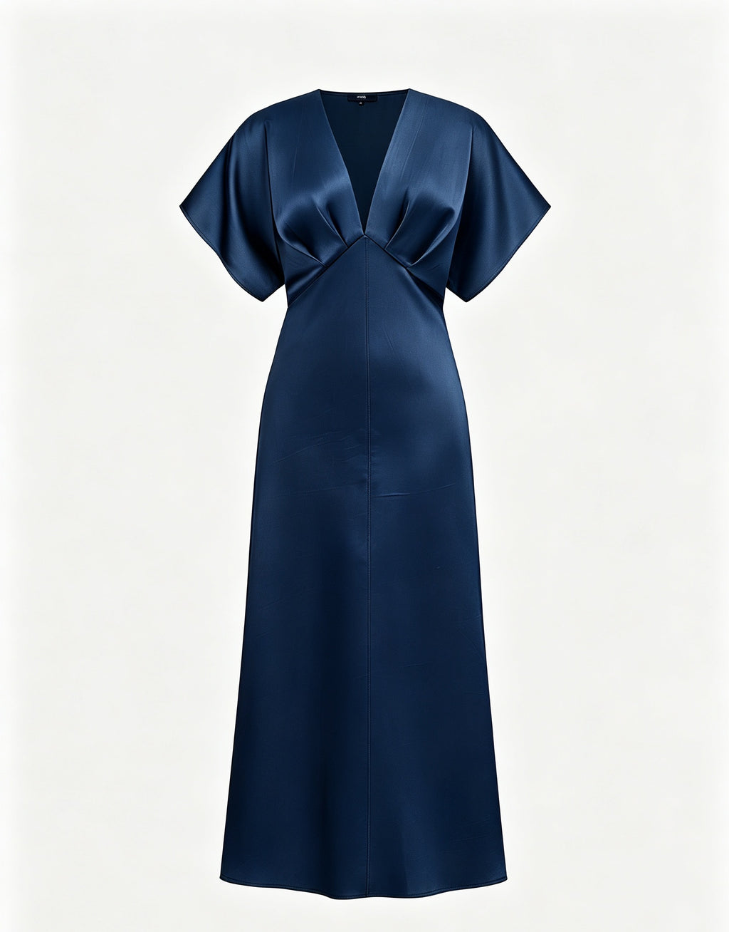 Abito Midi Donna in Raso a Scollo V, Maniche ad Ala, Vita Arricciata, Modello Fluido Elegante per Eventi