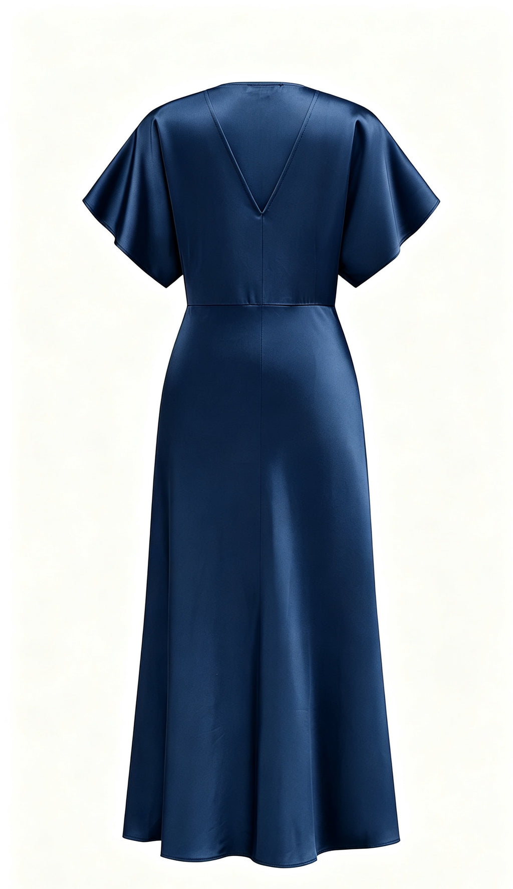 Abito Midi Donna in Raso a Scollo V, Maniche ad Ala, Vita Arricciata, Modello Fluido Elegante per Eventi