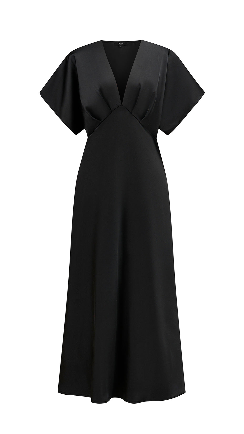 Abito Midi Donna in Raso a Scollo V, Maniche ad Ala, Vita Arricciata, Modello Fluido Elegante per Eventi