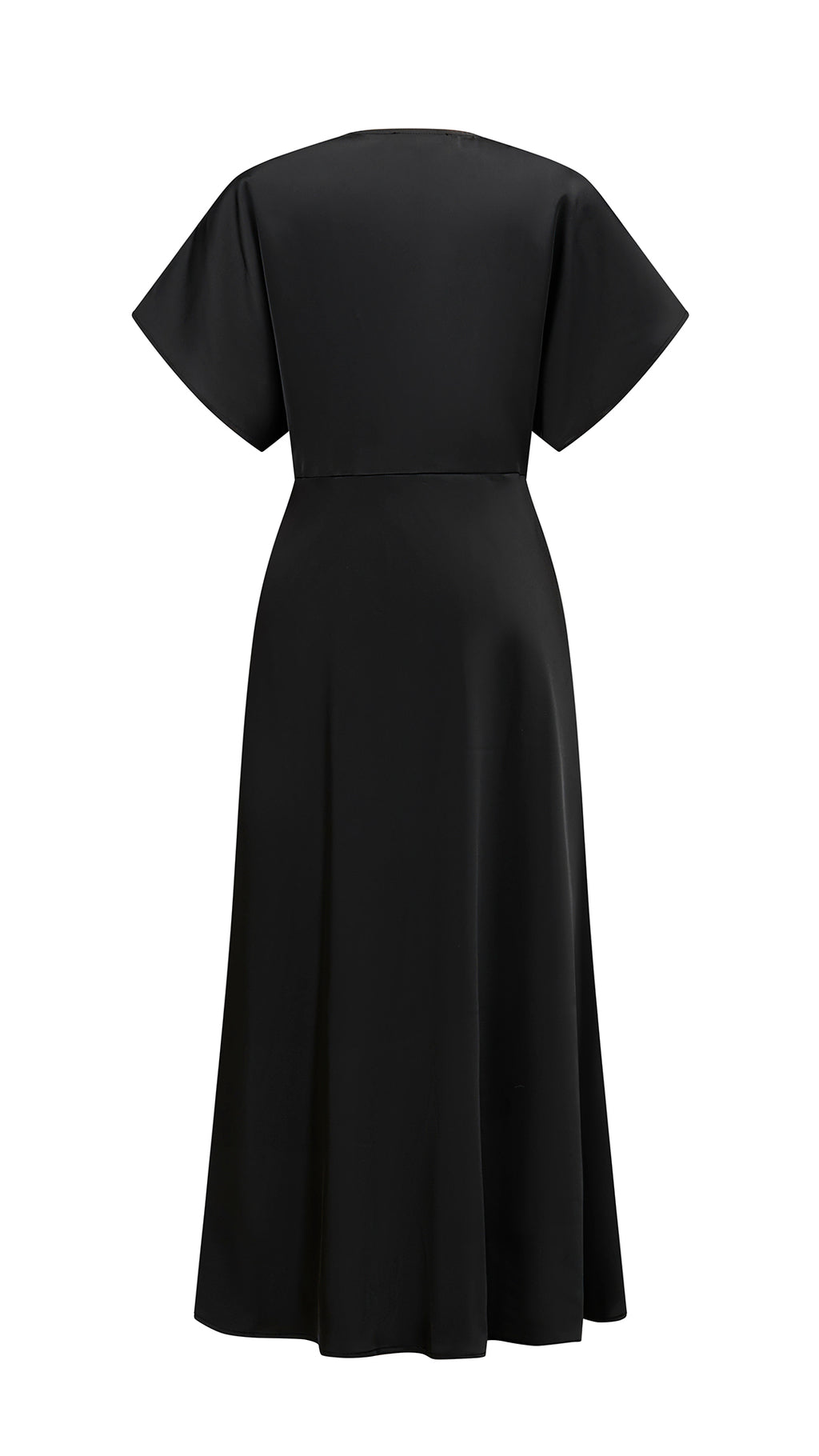 Abito Midi Donna in Raso a Scollo V, Maniche ad Ala, Vita Arricciata, Modello Fluido Elegante per Eventi