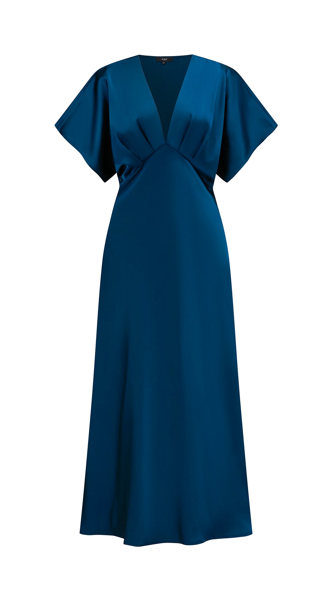 Abito Midi Donna in Raso a Scollo V, Maniche ad Ala, Vita Arricciata, Modello Fluido Elegante per Eventi