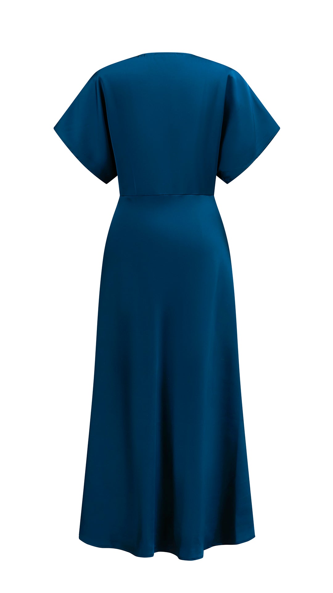 Abito Midi Donna in Raso a Scollo V, Maniche ad Ala, Vita Arricciata, Modello Fluido Elegante per Eventi