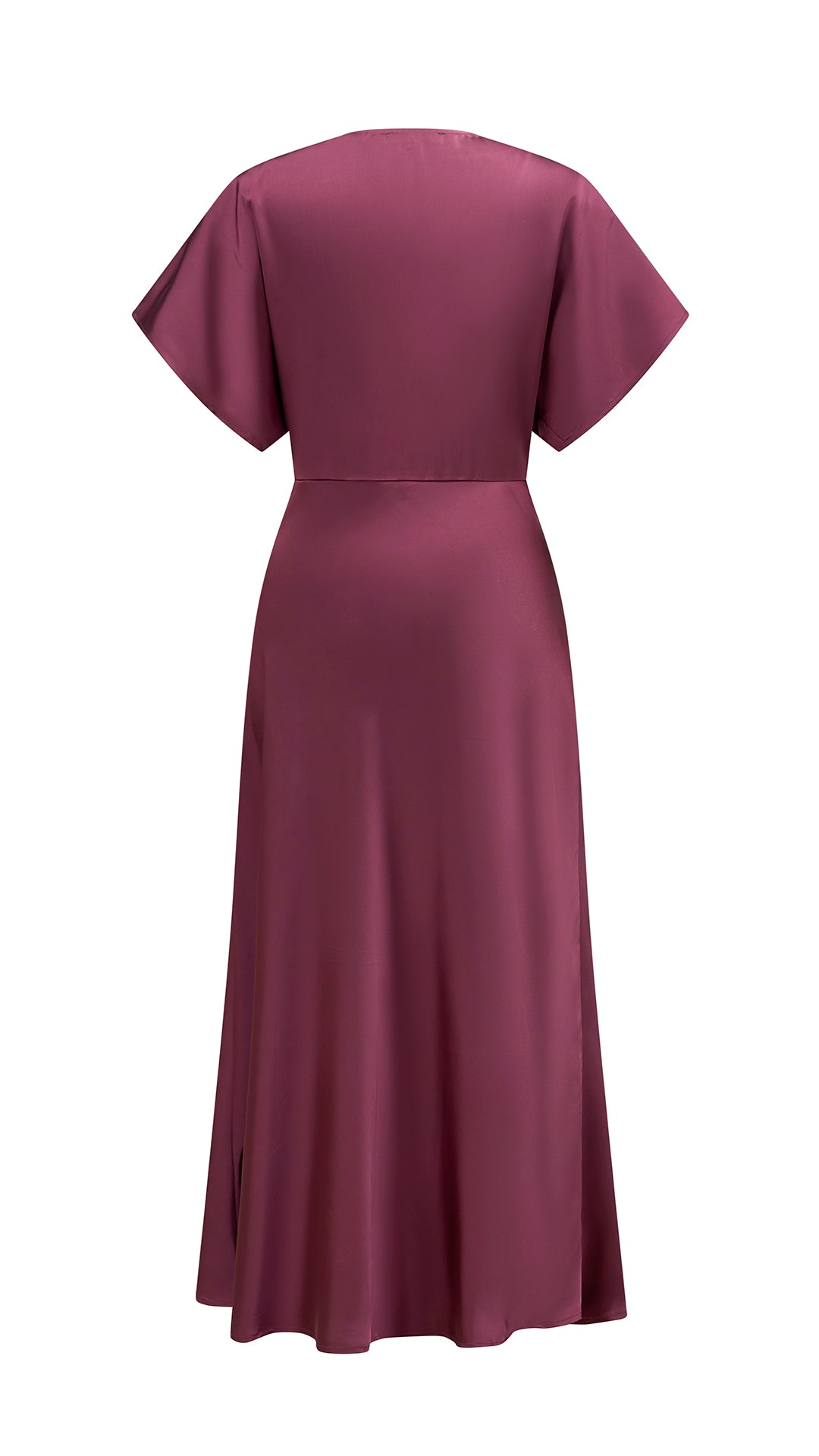 Abito Midi Donna in Raso a Scollo V, Maniche ad Ala, Vita Arricciata, Modello Fluido Elegante per Eventi