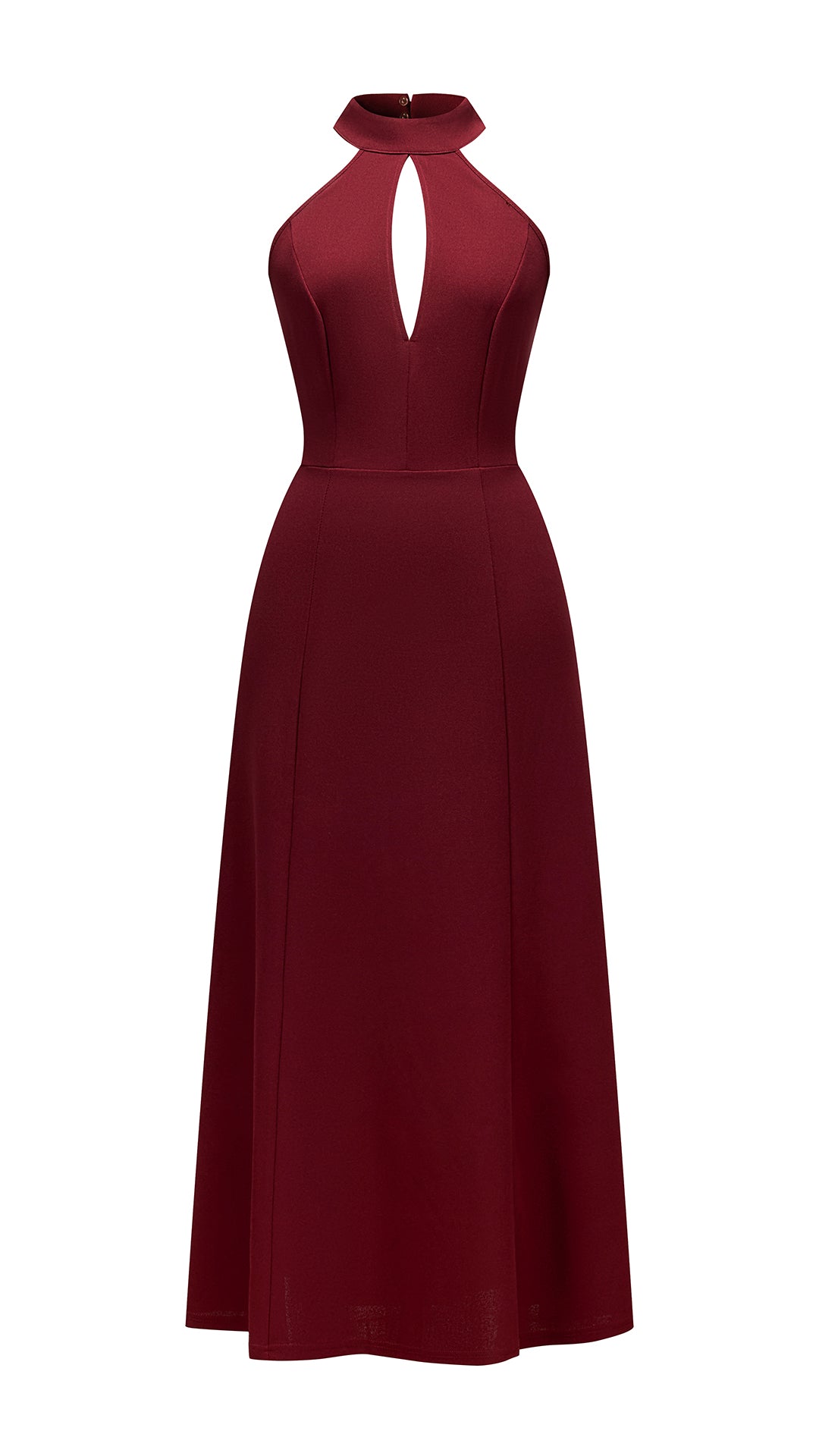 Abito da donna elegante con scollo alto e apertura frontale, abito lungo da sera senza maniche con gonna ampia, vestito formale per feste e cerimonie