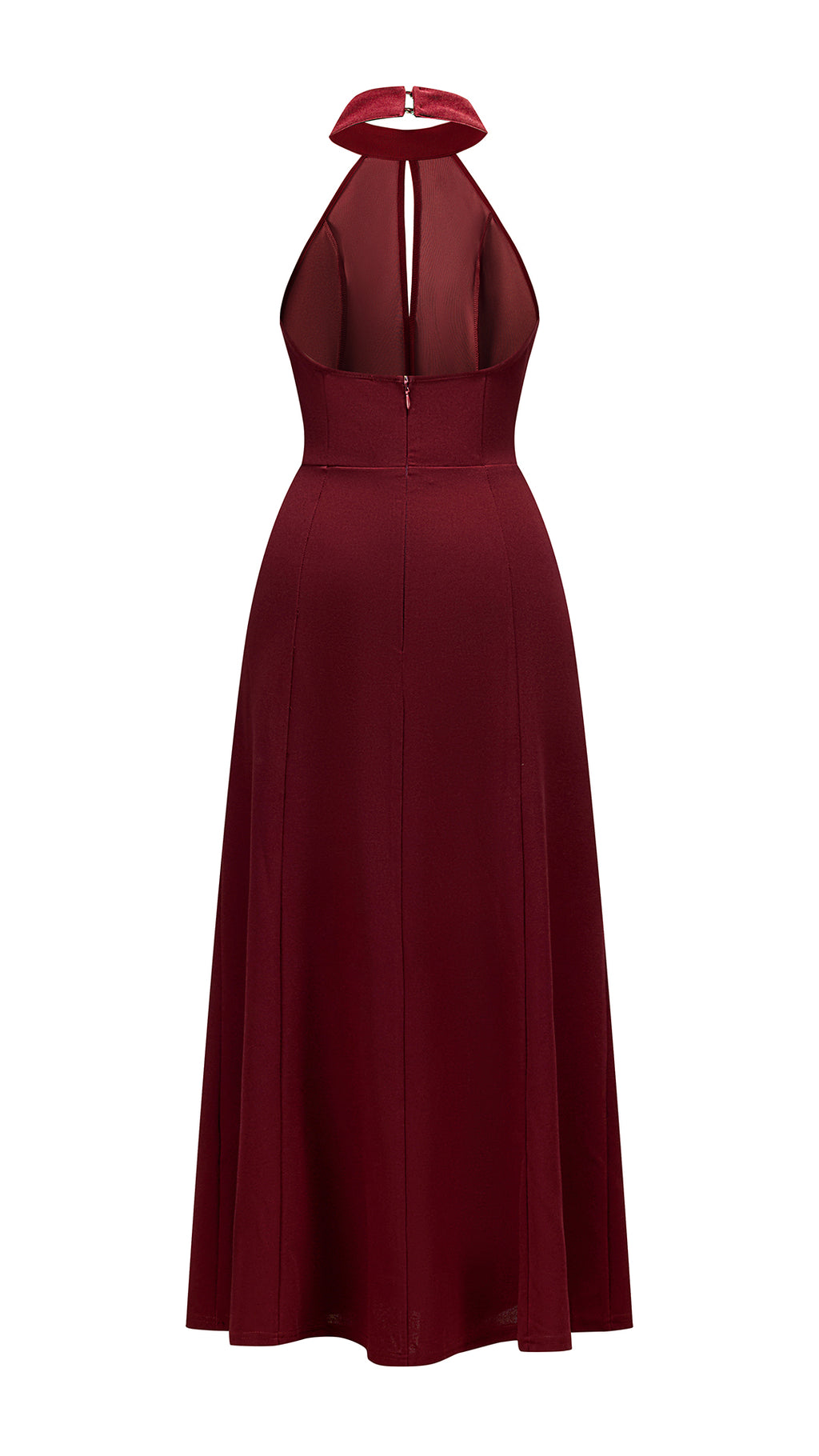 Abito da donna elegante con scollo alto e apertura frontale, abito lungo da sera senza maniche con gonna ampia, vestito formale per feste e cerimonie