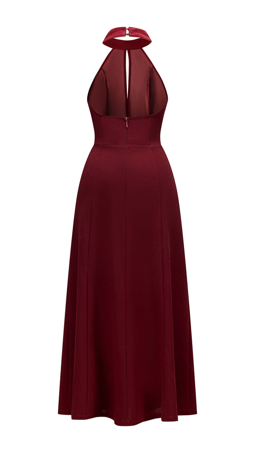 Abito da donna elegante con scollo alto e apertura frontale, abito lungo da sera senza maniche con gonna ampia, vestito formale per feste e cerimonie