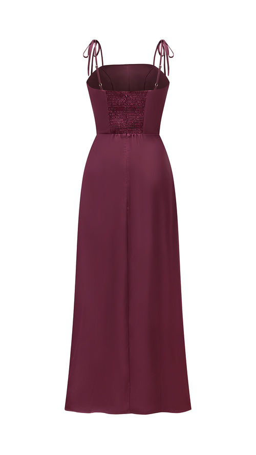 Abito Midi Donna in Raso con Spalline a Nodo, Abito aderente con Spacco Laterale, Stile Elegante per Cerimonie e Serate