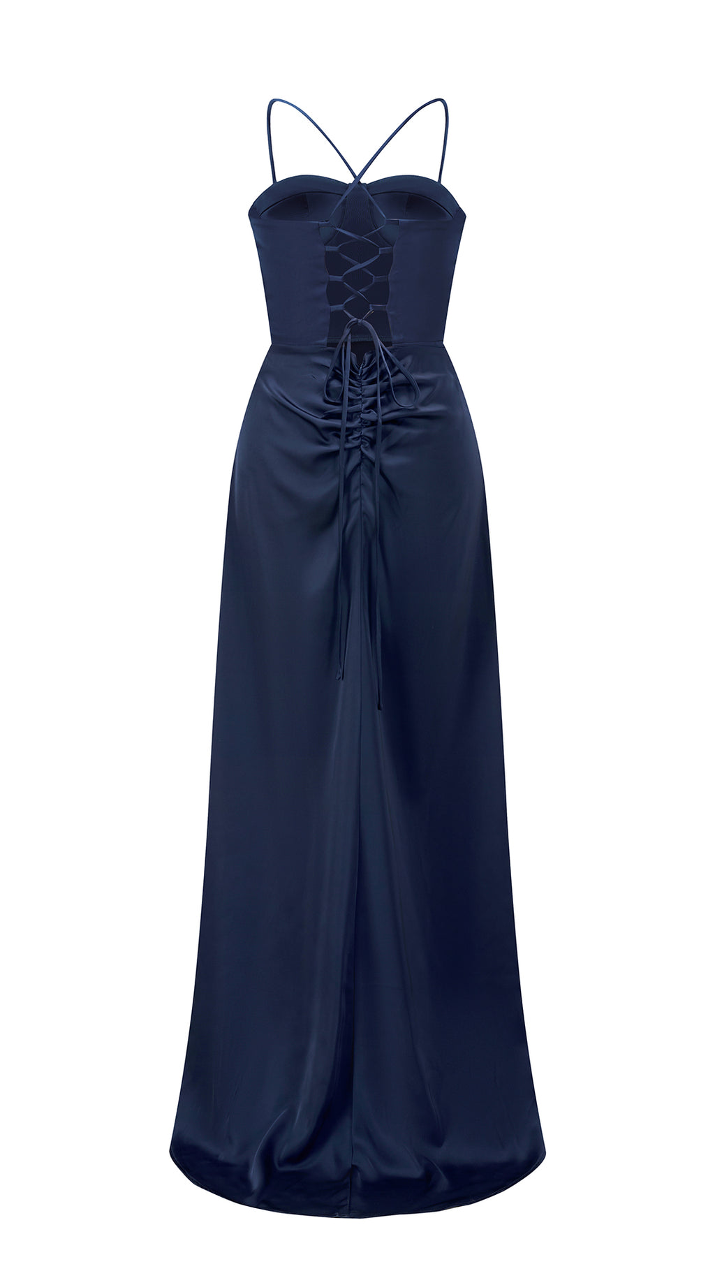 Abito lungo raso donna spalline incrociate, corpetto stile corsetto, gonna con spacco laterale elegante