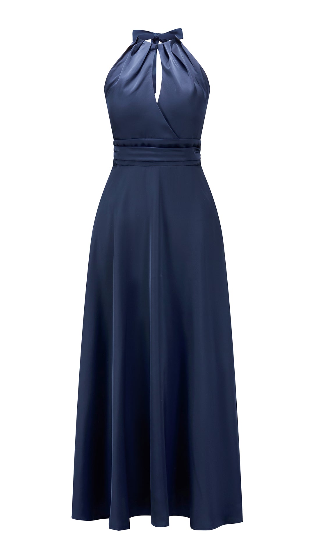 Abito lungo in raso donna a collo alto annodato, scollo a V, gonna ampia elegante